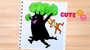 How to draw monkey hanging on tree easy🐒 || Cute Baby Monkey on tree 🌳 Drawing
