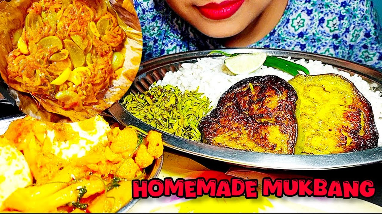 Eating Rice, Bringan Fry, Spicy Fish Paturi,Duck Egg Curry With Cauliflower || 