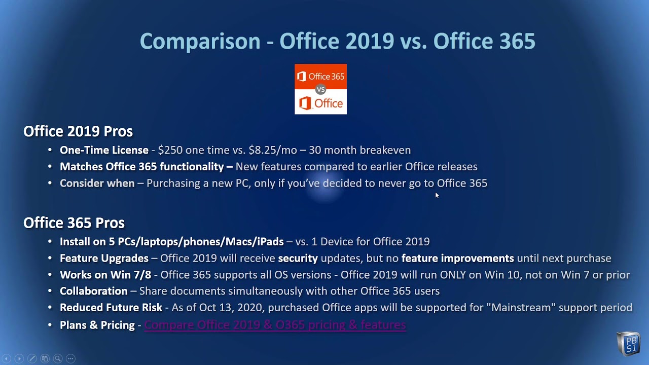 difference between ms office 365 and 2019