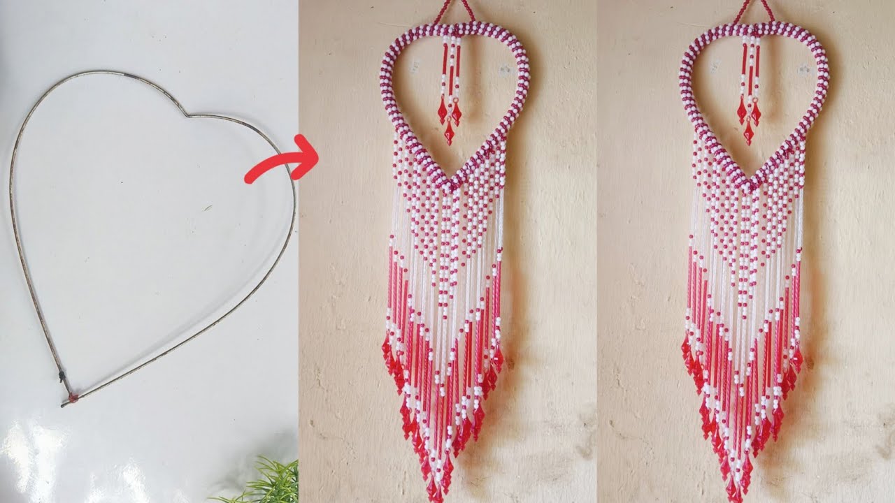 DIY Heart shaped beaded wall hanging with crystal bell