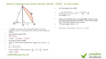 Areas of segment and sector derived, iGCSE,  GCSE,  A Level maths