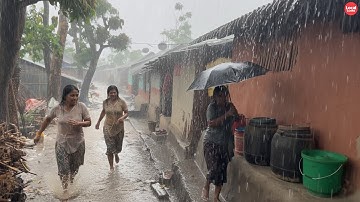 People Enjoying Heavy Rain-A Rainy Day Walk through Remote Village