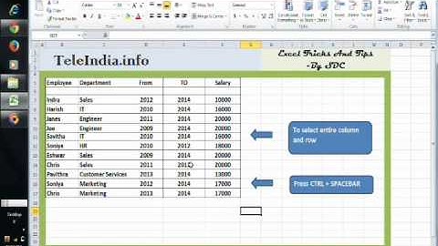 Excel Without using Mouse -Select Colum/Row, Key Board Shortcut "CTRL or Shift+Spacebar"