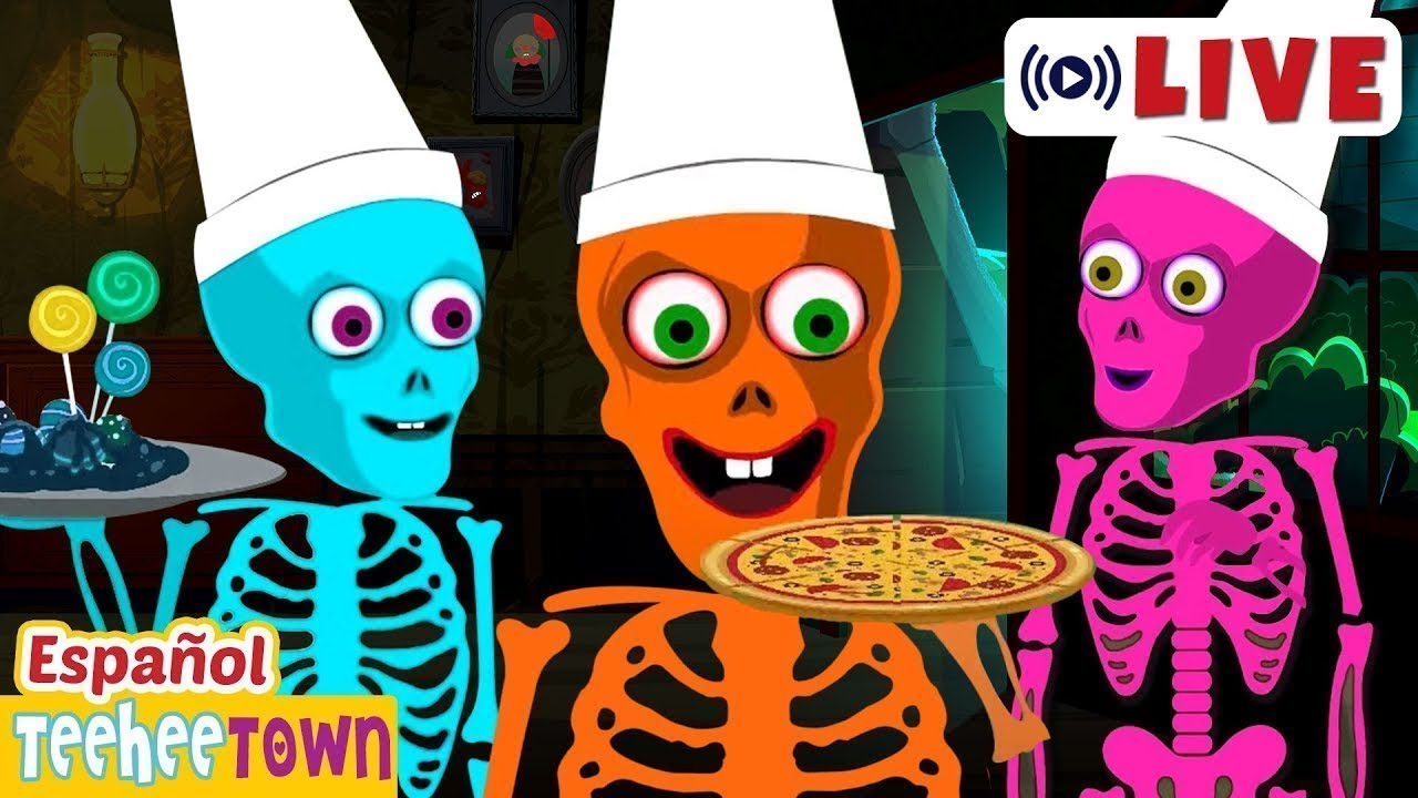 🔴Fiesta de Comida Halloween con Esqueletos 🍕💀 + 24/7 Canciones infantiles de Halloween