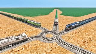 4 CRAZY TRAINS ON DIFFICULT DIAMOND CIRCLE RAILROAD TRACKS | BeamNG.Drive - Train simulator