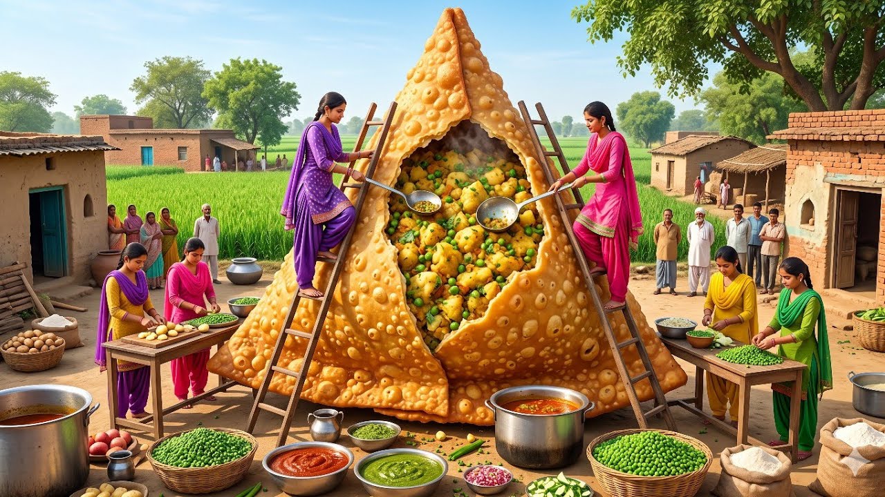 😱 Four Village Girls Make a GIANT 50-Foot Samosa! 🥟🔥