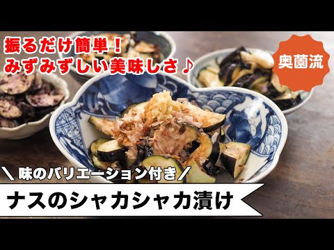 振るだけ簡単！サラダみたいにみずみずしい漬け物。なす1本でも気楽に作れます。味のバリエーション付き＜なすのシャカシャカ漬け＞