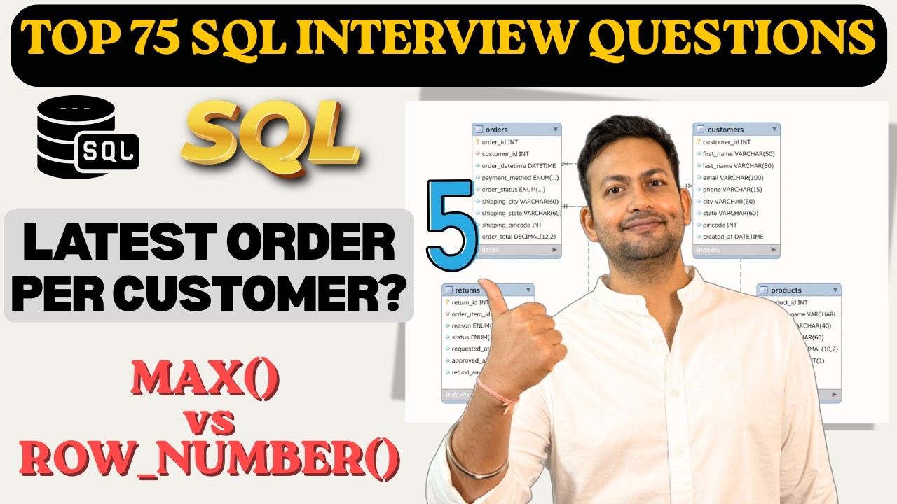 Find the Latest Order of Each Customer | MAX() vs ROW_NUMBER() | SQL ...