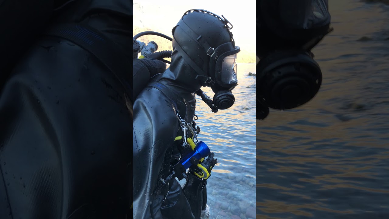 Viking Drysuit diver with Divator Full Face Mask coming out of the