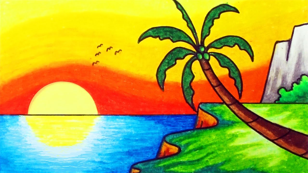 How to Draw Beautiful Sunset Over the Sea | Easy Nature Scenery ...