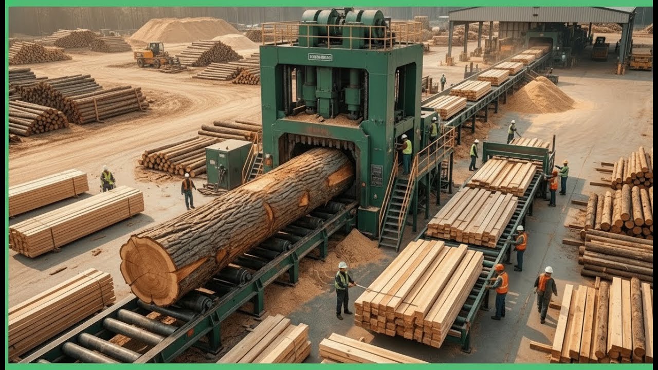 Внутри гигантской американской лесопилки – процесс превращения дубовых бревен в стены складского ...