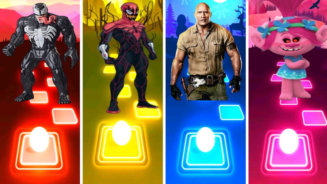 Venom 🆚️ SpiderMan 🆚️ Jumanji 🆚️ Trolls world Tour 🎶 Who is Best !! Tiles Hop Edm Rush