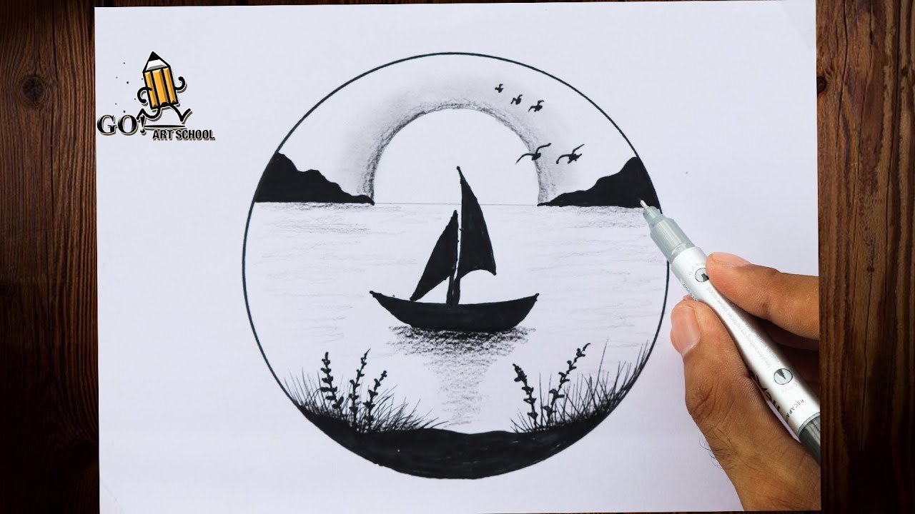 How to Draw a simple Landscape - Easy Pencil Sketch Scenery Drawing ...