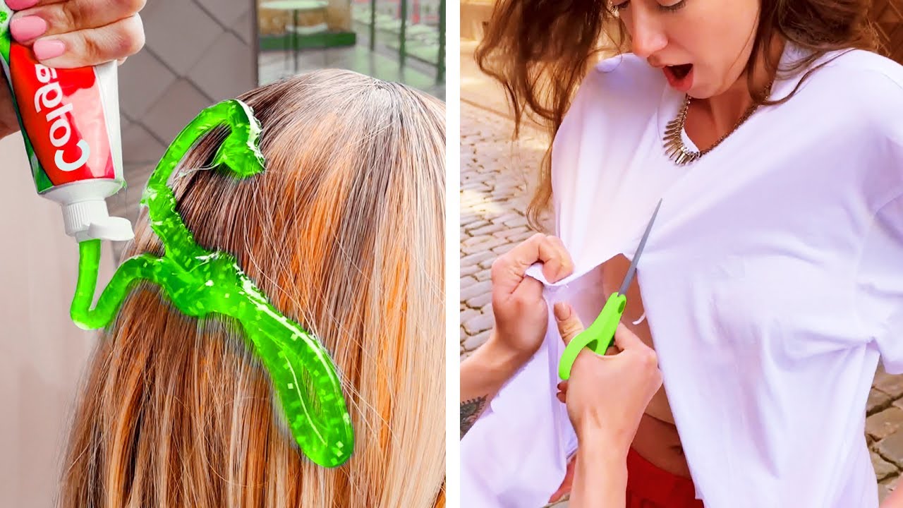 Crazy toothpaste hair DYE! Will it work? || Two Girls Cut Their Clothes In Public