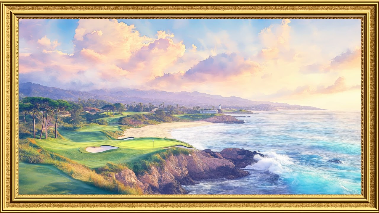 Golden Hour Golf Course Painting | Gold Picture Frame TV Art | 4K Screensaver for TV
