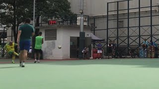 Center forward XXL16 curve a shot, saved by the keeper.