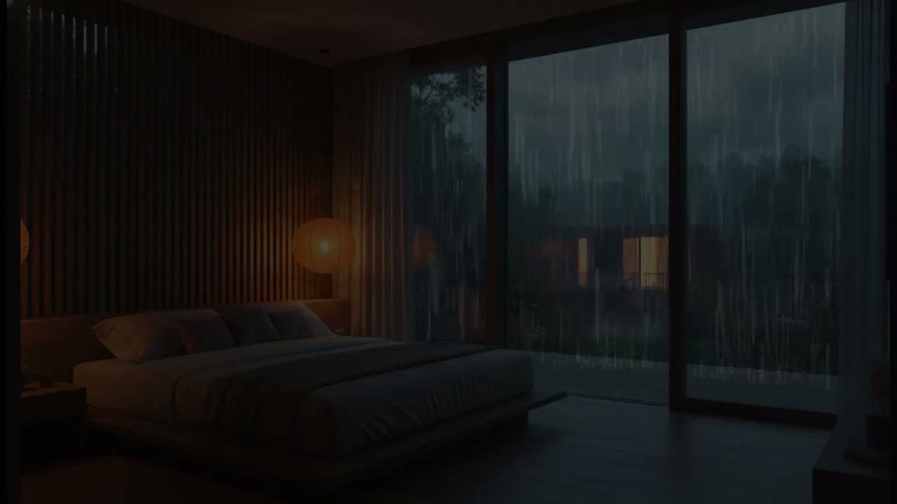 Rainfall in a Dark Bedroom (No Ads) | Calm Night Rain for Stress Relief