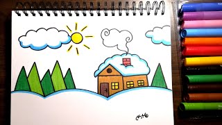 HOW TO DRAW a Winter Landscape - Cottage in Snow - coloring with markers