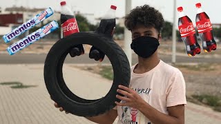 I tried cola and mentos inside the wheel of a car, see what happened 🤯🤯