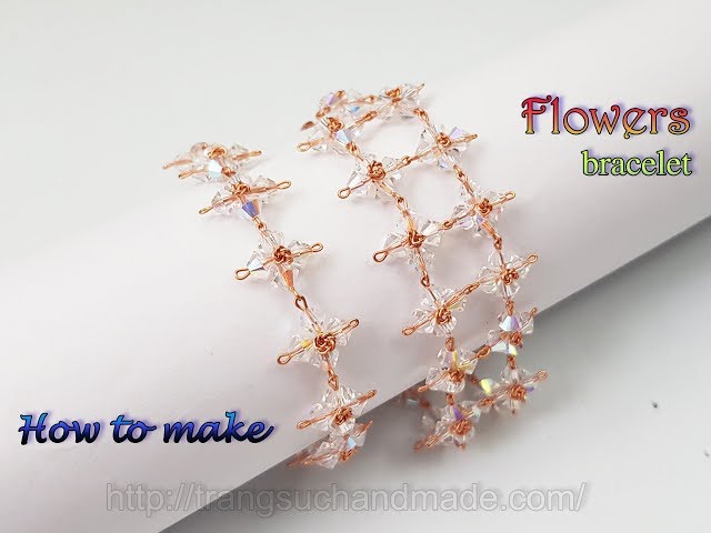 Flower chain bracelet with sparkling crystals - How to make jewelry  from copper wire 444