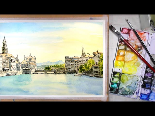 水彩風景 絵画 手描きアート風景画 ペンが生きる風景 / スイス・チューリッヒ 【透明水彩風景画