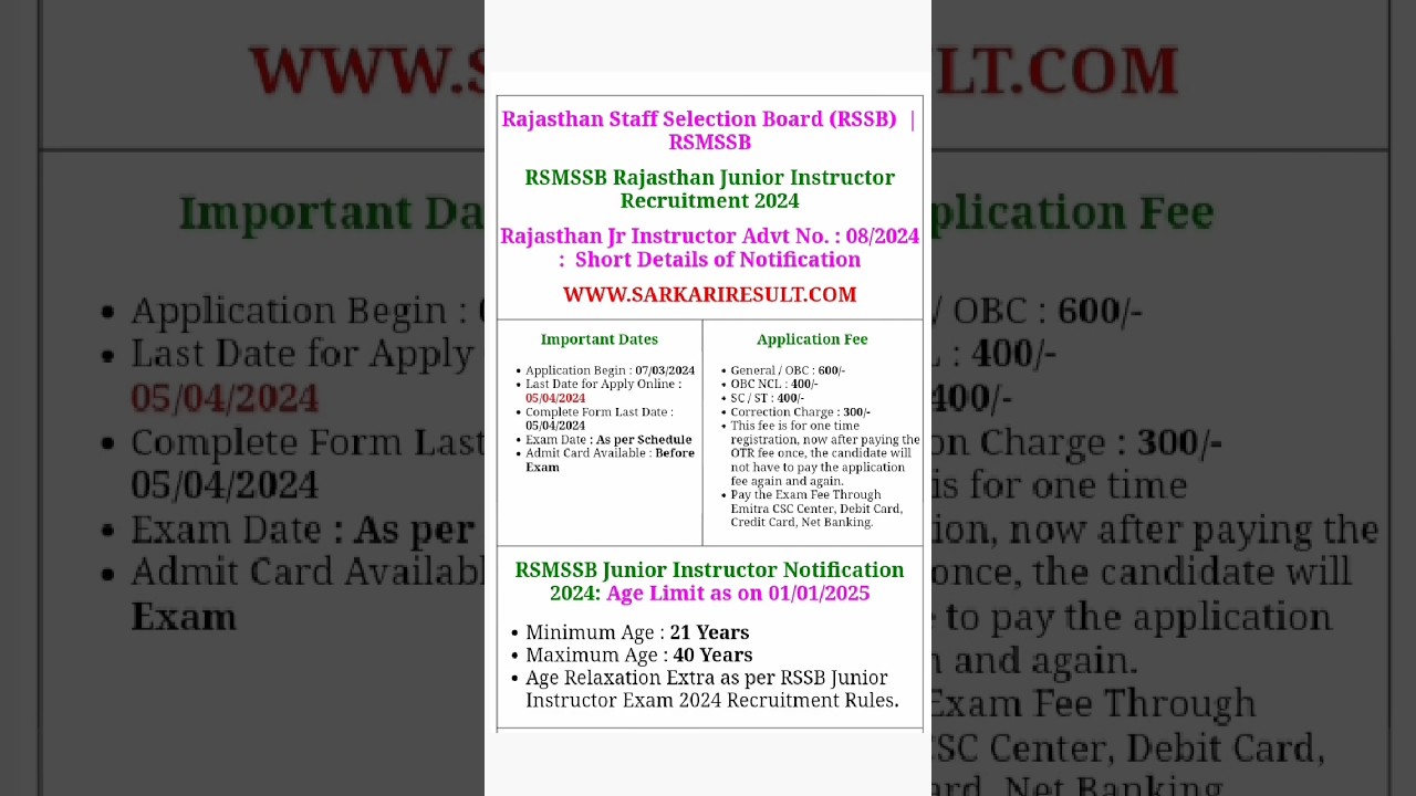 RSMSSB Rajasthan Junior Instructor Recruitment 2024