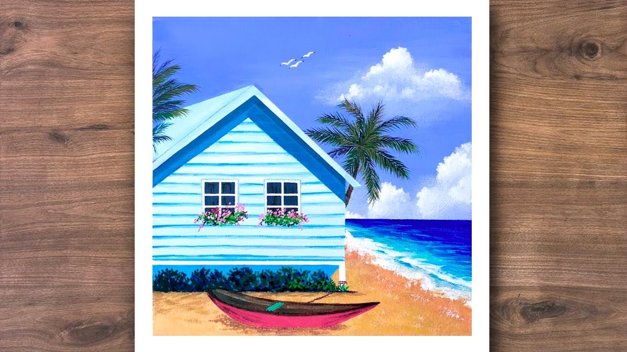 Beach painting / Beach house painting / Easy acrylic painting / Step by