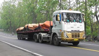 Indonesian Trucks On Uphill Roads, UD Quester Trailer Trucks Loaded with Iron Climb Very Slowly