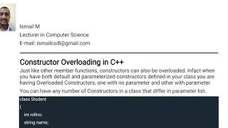 C++ : Constructor Overloading | Ismail M | Department of Computer Science