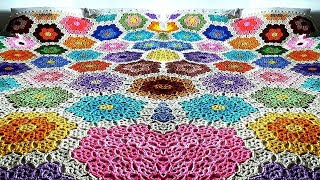 Bedspread baby blanket with hexagonal unit of two lines crocheted كروشيه مفرش سرير بطانية بيبى سهل