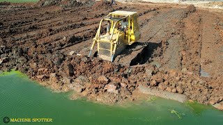 Best Expert Operator Techniques Bulldozer Komatsu Push Clearing Mud Into Water & Dump Truck