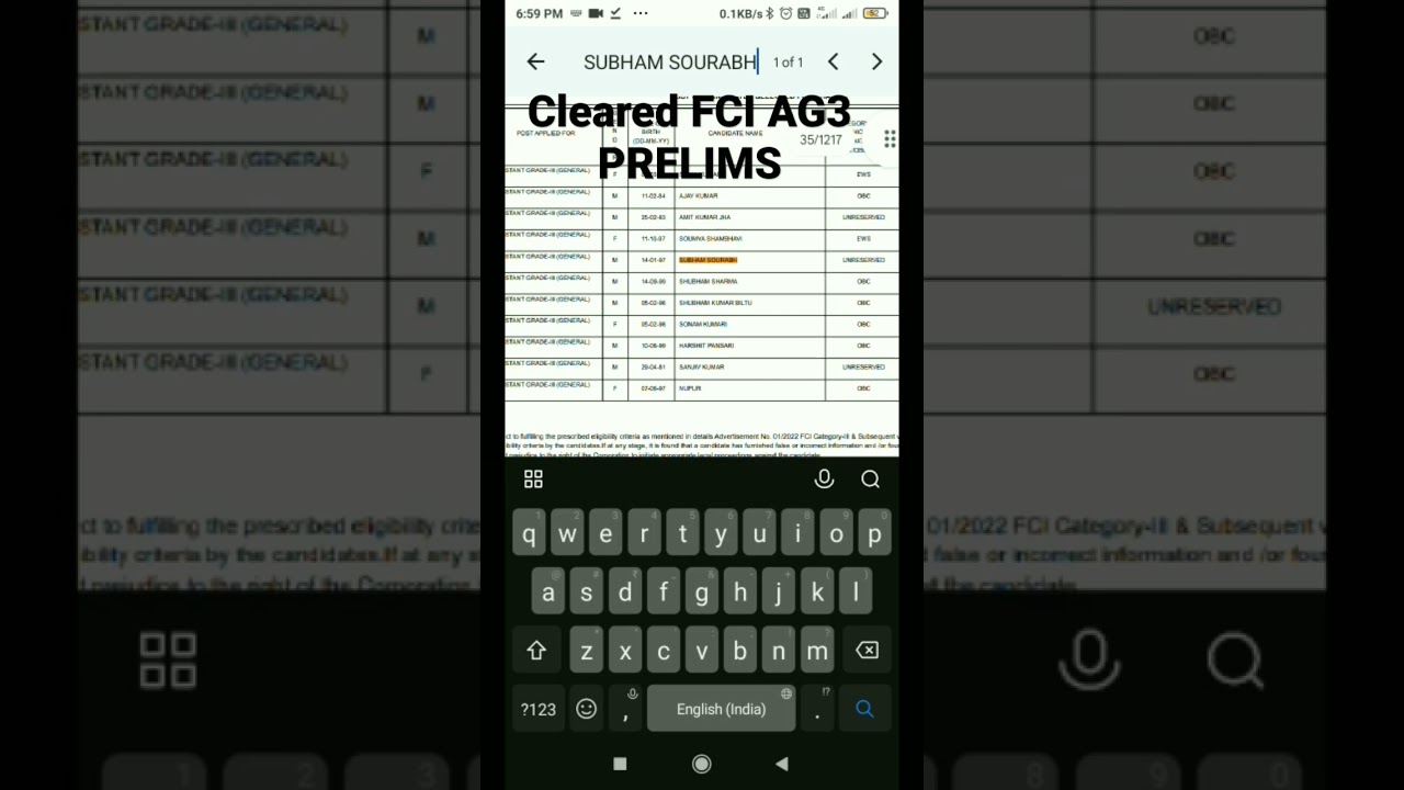 My FCI AG3 Prelims Result 