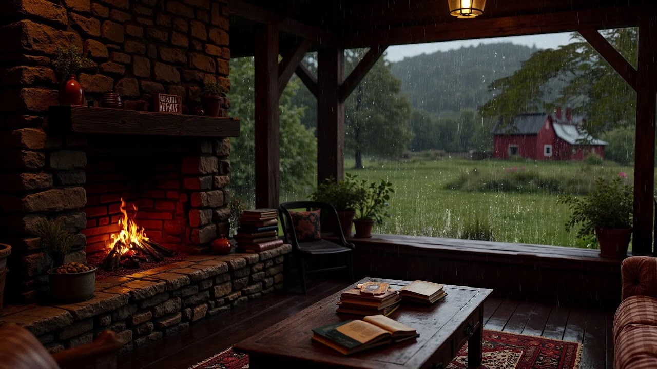 Rainy Forest Night at the Warm Cabin Ambience 🌧️ Crackling Fire & Soothing Rain Sounds For Sleeping