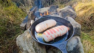 Calm Outdoor Cooking ASMR: Bacon Envelops Sandwich Wraps in the Wild.