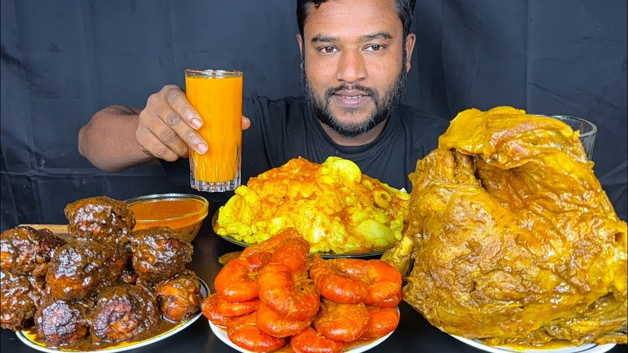 spicy full mutton leg curry, chicken kala buna, mutton fat curry and prawns curry with rice eating