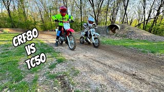 50cc vs 80cc on the back yard track. Kids riding dirtbikes #dirtbikekidz