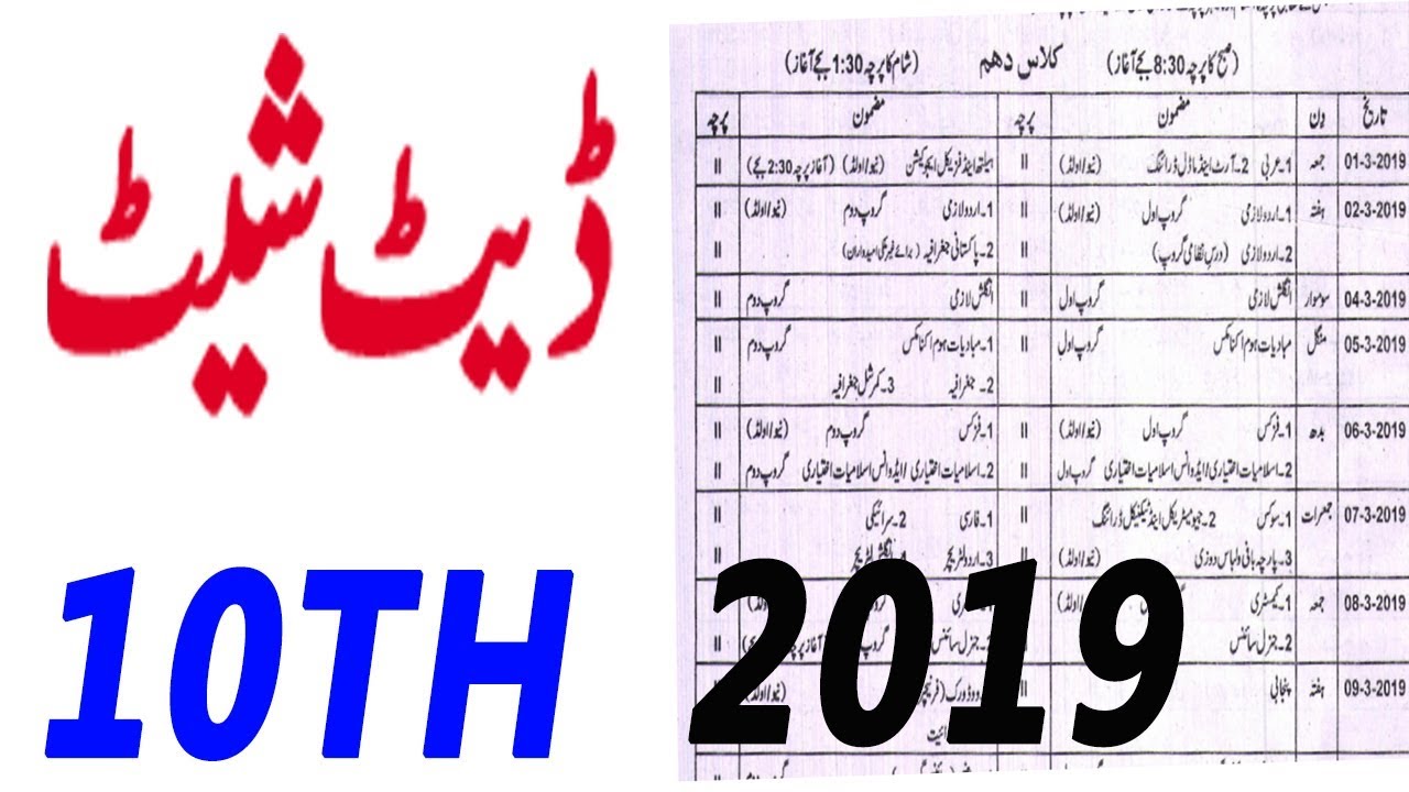 Date Sheet 10th Class 2019 10th Class Date Sheet 2019 Matric