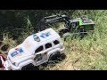 Land Cruiser prado offroad in river water Heavy duty excavator machine