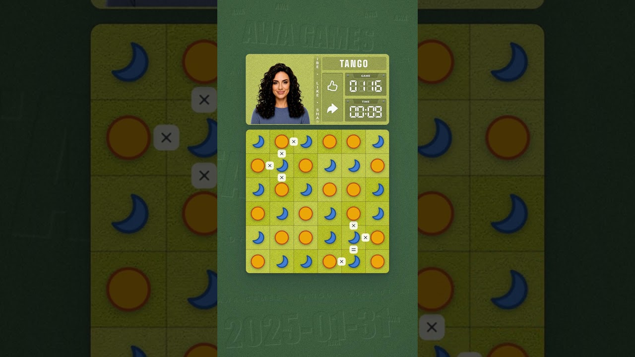 LinkedIn Tango #116 solved board for January 31, 2025, 6x6 grid