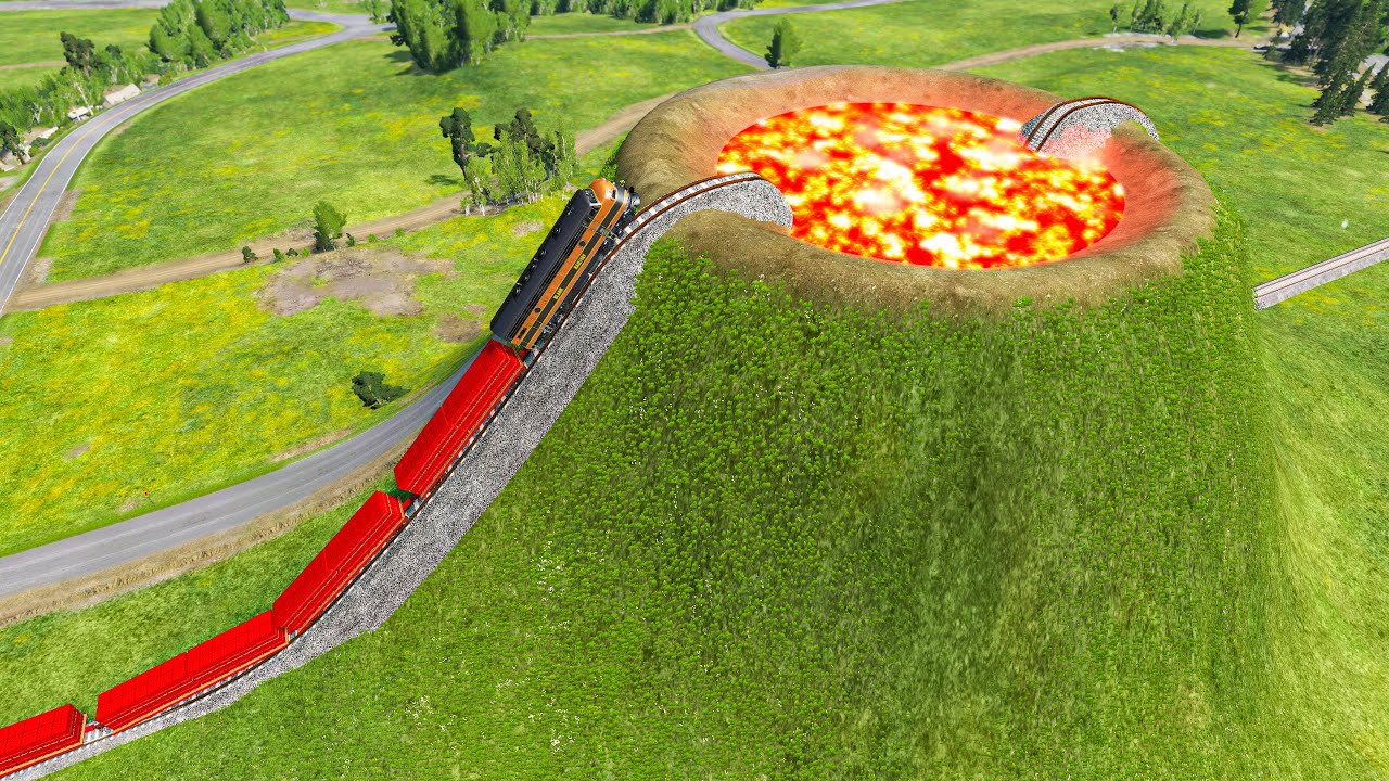 Trains vs Giant Volcano - Cars vs Fast Flowing River Challenge #2 - BeamNG.drive