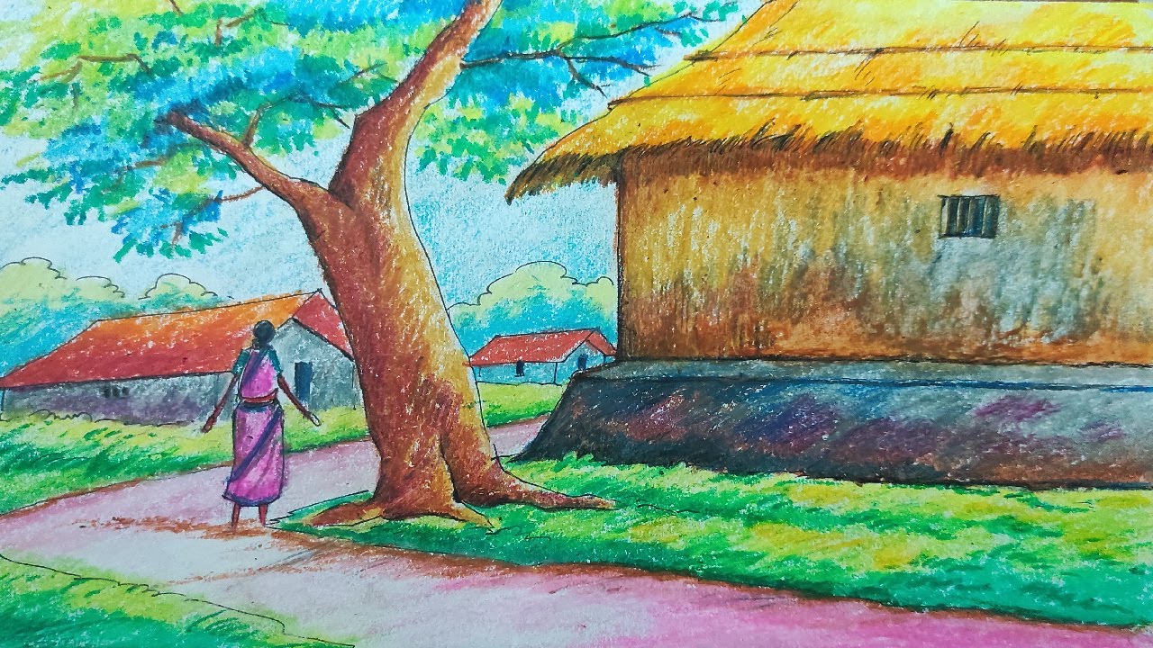 How to draw a village scenery of beautiful nature //step by step //Oil ...