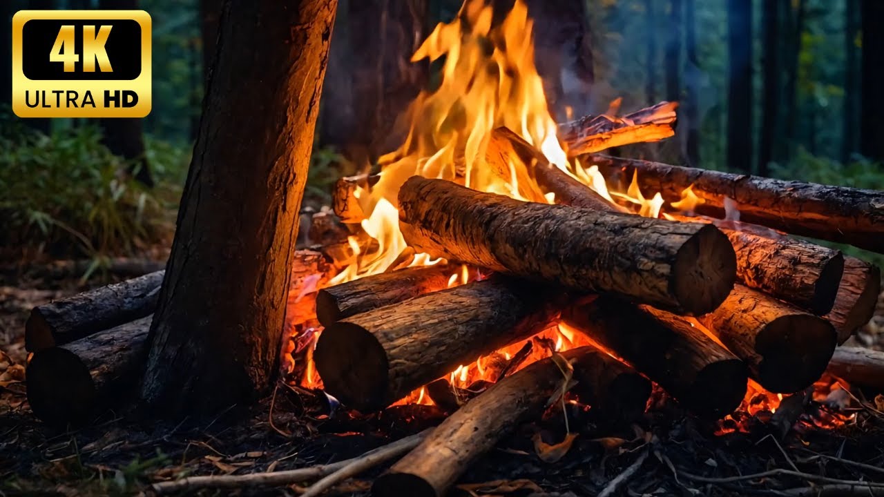 Теплая расслабляющая ночь с уютным горящим камином Расслабляющий камин 4K с потрескивающими звуками