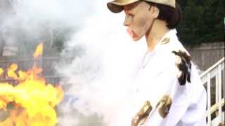 slow mo fire burnt and smoking mannequin