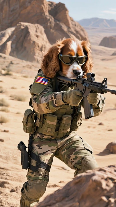 Cavalier soldier aims rifle in desert, goggles, camo, focused.