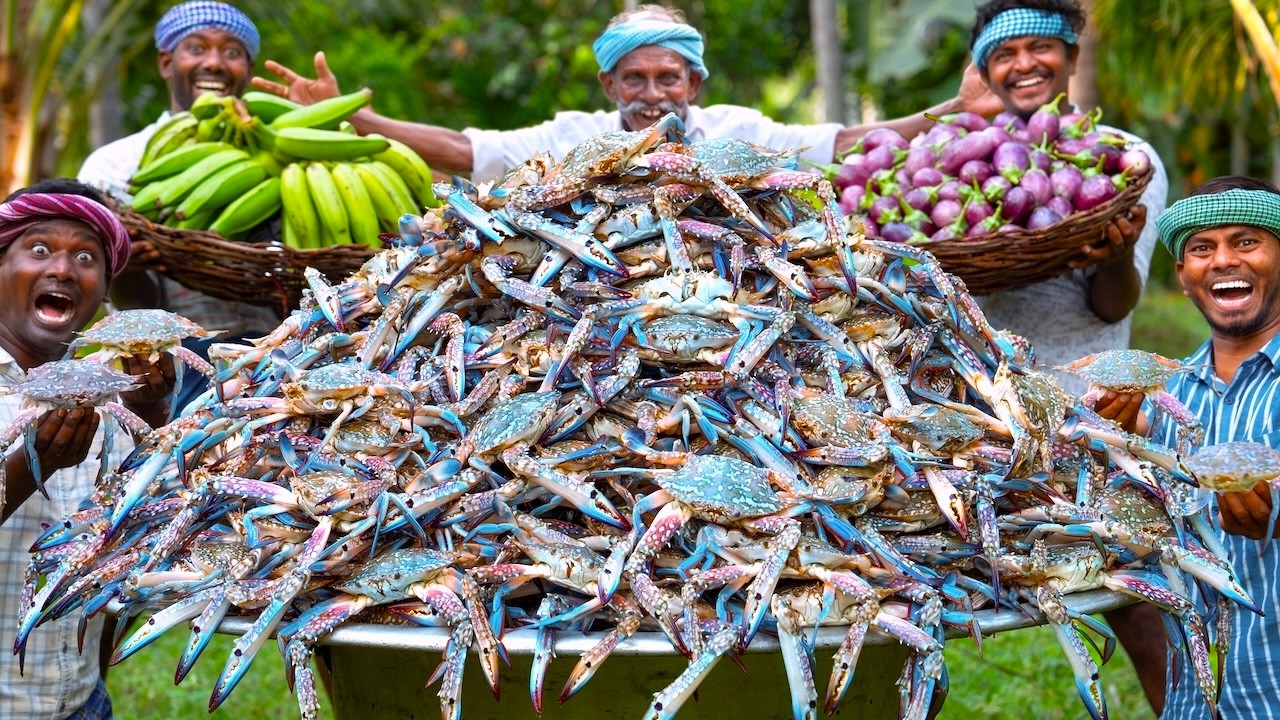 Spicy Crab Fry and Crab Gravy | Traditional Village-Style Seafood Dish with Brinjal and Raw Banana