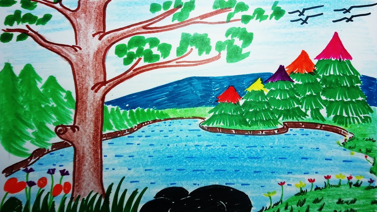 How To Draw A Beautiful Forest Landscape For Kids Scenery Drawing Channel 96 Youtube