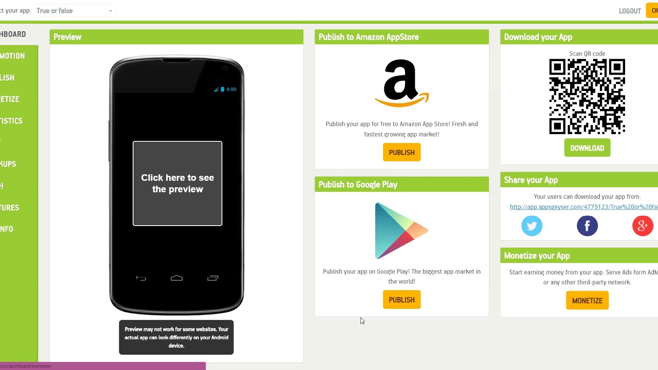 How to create TRUE OR FALSE CHALLENGE APP | AppsGeyser
