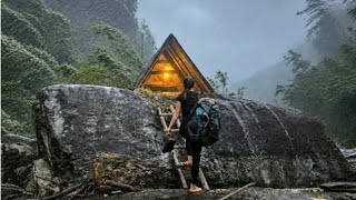 On a cold, rainy night, we camped overnight in a shelter built with plastic sheeting on a giant rock
