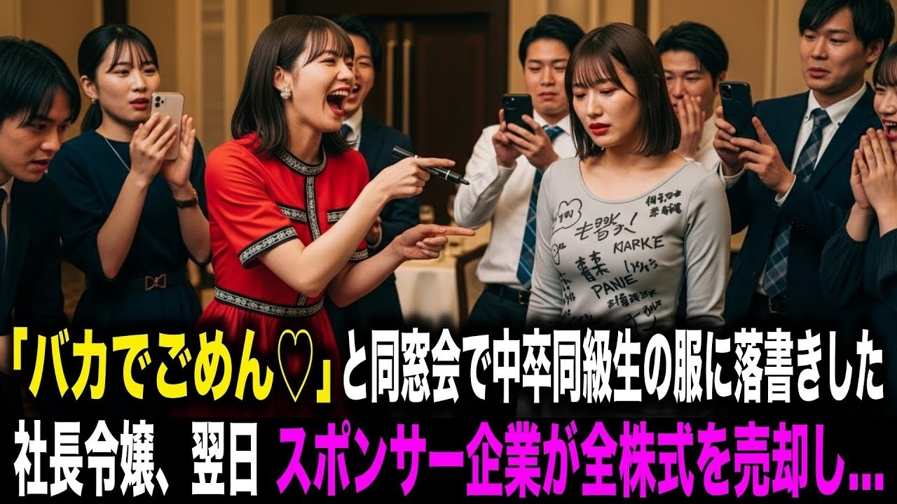 【スカッとする話】「バカでごめん♡」と同窓会で中卒同級生の服に落書きした社長夫人。翌日、スポンサー企業が300億の契約を破棄し地獄に落ちる…