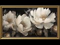 Vintage white peonies painting  gold frame tv art  art screensaver for tv  1 scene  2 hrs